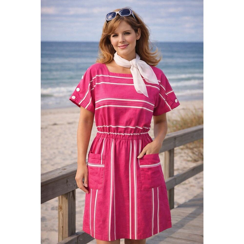 Vintage Specialty Yours New York Pink Striped Dress Sz 12-14 Cotton USA EUC